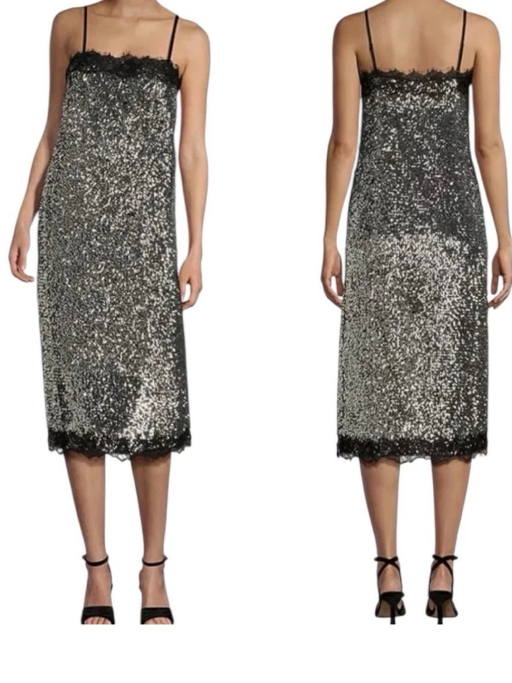 Gianni Bini Lilly Sisto Allegra Silver Sequin Dress Lace Trim Square Neck Party - Picture 2 of 15